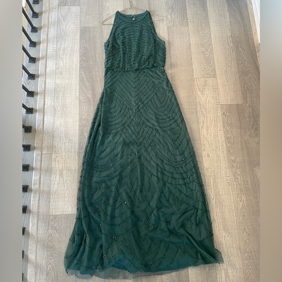 ART DECO BEADED BLOUSON DRESS WITH HALTER NECKLINE IN DUSTY EMERALD - Picture 1 of 4